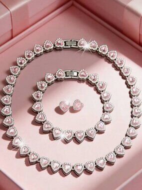 Pink Heart Crystal Jewelry Set – Necklace Bracelet Earrings | Silver Tone